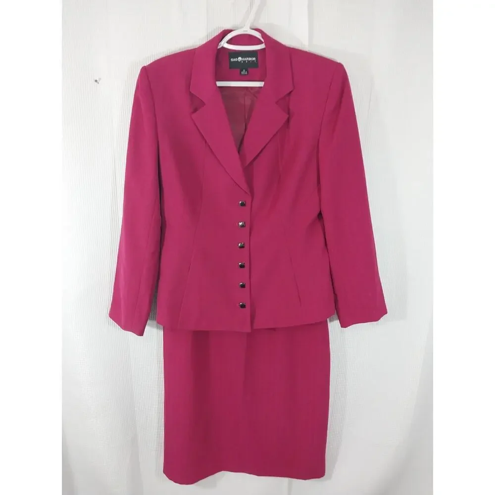 SAG HARBOR! FUSCHIA PINK, 6 BUTTON, 2 PC SKIRT & JACKET, BLAZER SUIT SET! SZ 10